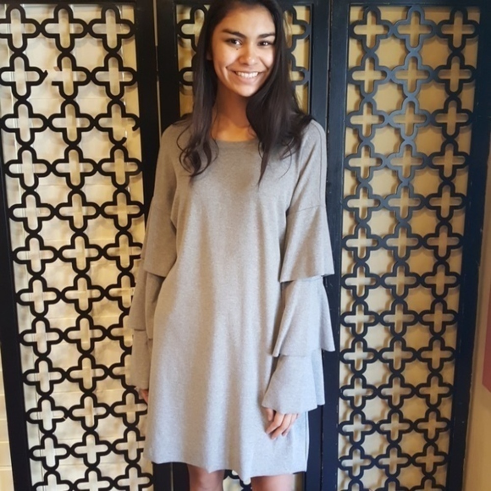 💜 GRAY LAYERED RUFFLE DRESS LONG  SLEEVE SUPER SOFT SWEATER‎ DRESS - Picture 5 of 8